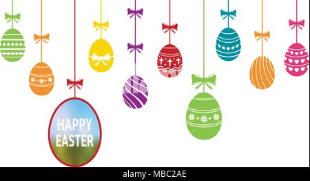 Hanging colored easter eggs ornaments. Easter holiday background. Vector illustration. Stock Vector