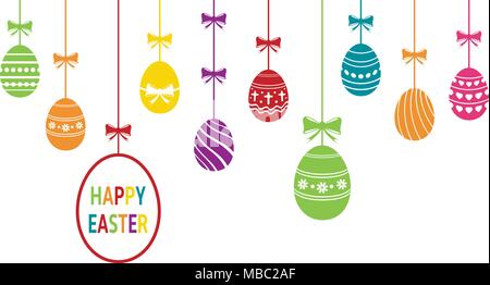 Hanging colored easter eggs ornaments. Easter holiday background. Vector illustration. Stock Vector