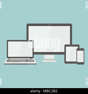 Modern technology devices in a flat design. Monitor, laptop, tablet, smartphone. Vector illustration Stock Vector