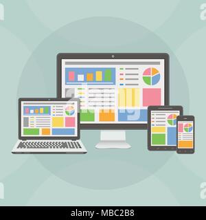 Responsive web design flat style devices. Vector illustration of laptop, desktop, tablet, smartphone isolated over white. Stock Vector