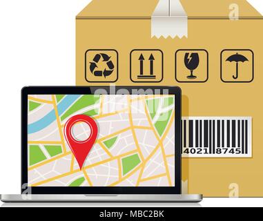 Parcel box and laptop with gps map. Mock-up for shipping parcel tracking order. Stock Vector