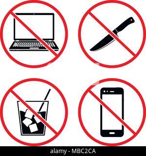 Set prohibited signs-no phones laptops weapons drinks Stock Vector