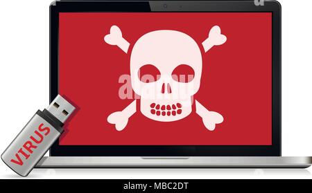 Computer data security concept. USB flash drive with computer virus and infected laptop Stock Vector