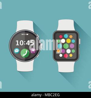 Flat modern and classic smart watch with long shadow. Vector illustration. Stock Vector