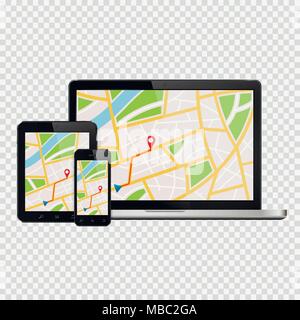 Laptop, mobile phone and tablet mockup with GPS map on screen. Isolated on transparent background. Stock Vector