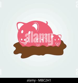 Cute pink pigs family in a mud puddle. Vector illustration. Stock Vector