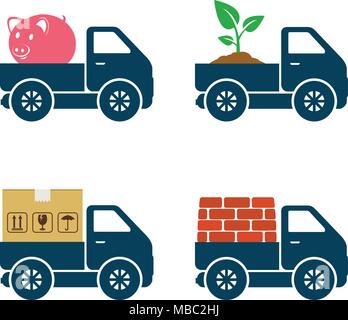 Commercial trucks icons. Delivery of various goods. Vector illustration. Stock Vector