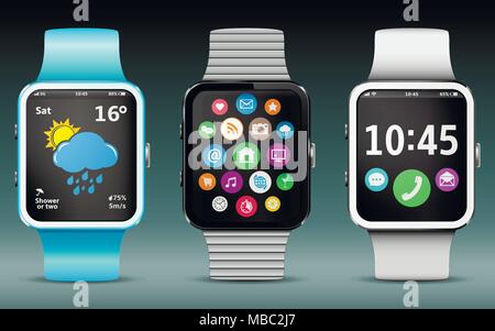 Smart watches with app icons, weather and clock widgets Stock Vector