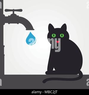 Cat and water tap with a drop, vector illustration. Stock Vector