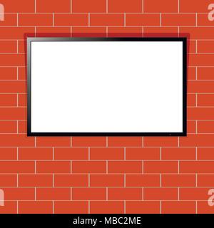 Modern TV with blank screen on red brick wall. Smart TV display mockup. Blank television template. Stock Vector