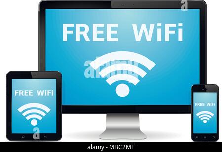 Wireless technology devices with free wifi internet connection symbol. Vector illustration. Stock Vector