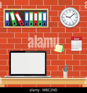 Modern office interior with designer desktop. Vector illustration. Stock Vector