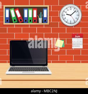 Office interior with modern laptop on the table, file folders, calendar and clock on the brick wall. Vector illustration. Stock Vector