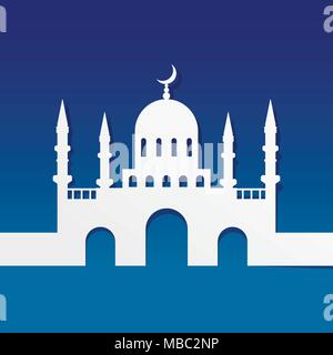 Ramadan kareem background. Mosque made by paper cut out on blue background Stock Vector