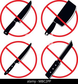 No knives or no weapon signs. No weapon allowed symbols. Prohibited icon isolated on a white background. Vector illustration. Stock Vector