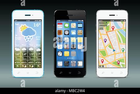 Smart phones with apps icons, weather and GPS navigation widgets, vector illustration Stock Vector