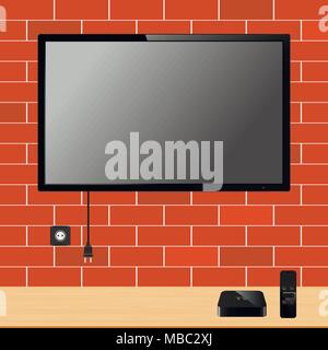Modern TV with blank screen on brick wall and TV player box device with remote controller. Vector illustration. Stock Vector