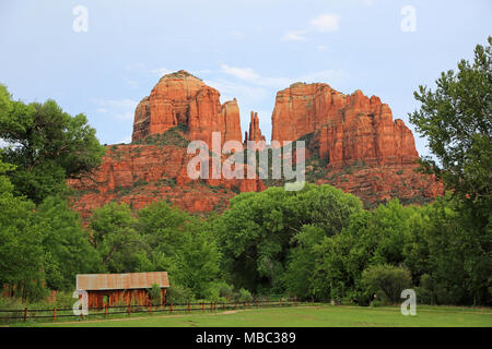 View at Cathedral Rock from Crescent Moon Ranch, Sedona, Arizona Stock Photo