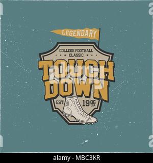 Classic college t shirt design, shield. American football tee graphic design. Touchdown sign. USA football vintage t shirt with retro football boots. Legendary league sign. Retro sports. Stock vector Stock Vector