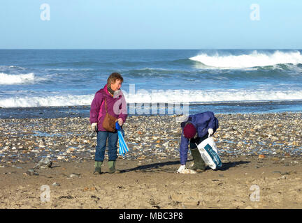 two elderley women collecting waste plastic of the  beach in porthtowan, cornwall, england, britain, uk. Stock Photo