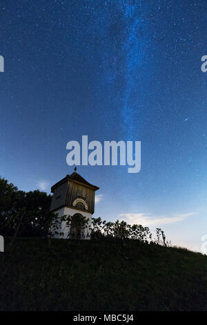 Starry sky with Milky Way at the Rebkap lookout tower in Langenrain, Allensbach, Baden-Württemberg, Germany Stock Photo