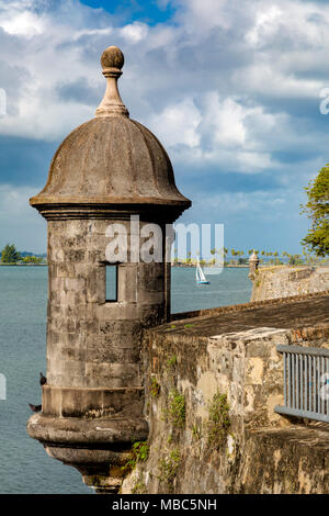 Sentry Box (Garita) on El Morro Fort overlooking the Caribbean Sea in old San Juan Puerto Rico Stock Photo