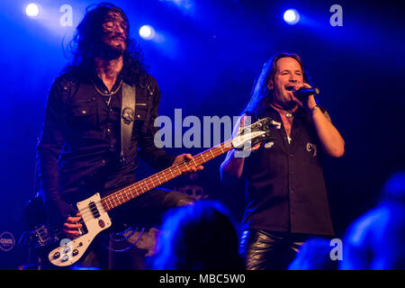 Cris Stone, bassist and Steven Mageney, singer of the Swiss hard rock band Crystal Ball live at Schüür Luzern, Switzerland Stock Photo