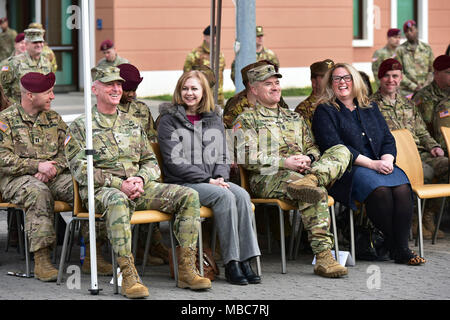From left. Brig. Gen. Eugene J. LeBoeuf, Commander, U.S. Army Africa and wife, Command Sgt. Maj. Jeremiah E. Inman, CSM U.S. Army Africa and wife, observe the Expert Infantryman Badge (EIB) ceremony at Caserma Del Din, Vicenza, Italy, 15 Feb. 2018. (U.S. Army Stock Photo