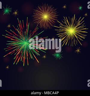 Celebration multicolored sparkling vector golden, green, red fireworks set over night sky. 4th of July Independence Day, New Year holidays background. Stock Vector