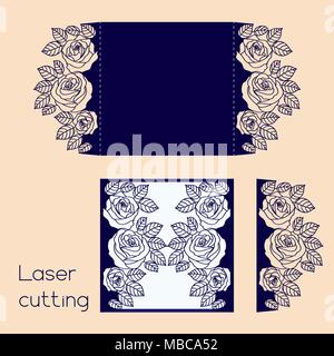 Wedding invitation envelope with roses for laser cutting. Template of cover for lasercut Stock Vector