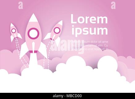 Space Rockets In Sky Over Pink Clouds Template Background Stock Vector