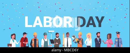 Labor Day Poster With People Of Different Occupations Over Blue Background Stock Vector