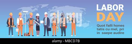 Labor Day Horizontal Template Poster With People Of Different Occupations Over World Map Background Stock Vector
