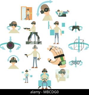 Virtual reality icons set, cartoon style Stock Vector