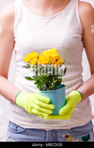 Photo of woman in rubber gloves holding pot with yellow flower Stock Photo