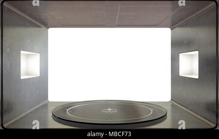 A close view from inside an operational household microwave looking outwards - 3D render Stock Photo