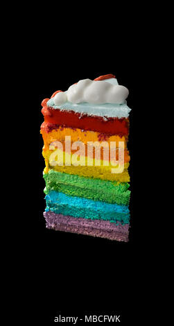slice of birthday rainbow cake on a black background Stock Photo