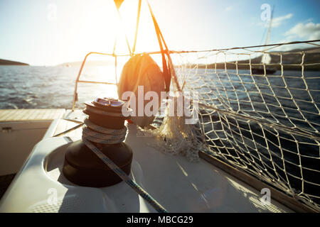 Sailboat with winch and rope on deck Stock Photo