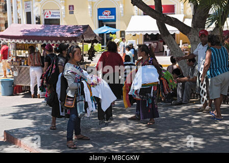 Stalls at the street festival in the Plaza de la Independencia the Merida en Domingo Merida on Sunday Stock Photo