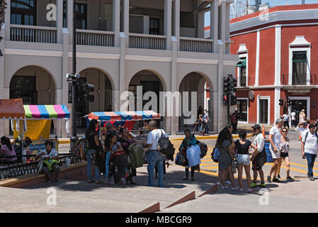 Stalls at the street festival in the Plaza de la Independencia the Merida en Domingo Merida on Sunday Stock Photo