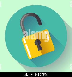 Vector open lock icon with long shadow. Flat design style. Stock Vector