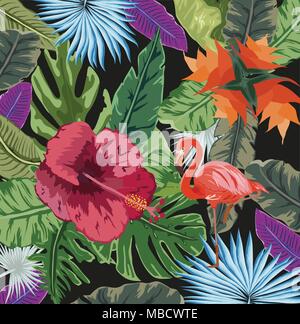 Summer Tropical Background Flamingo Bird With Palm And Banana Leaves Monstera And Datura Flowers Stock Vector Image Art Alamy