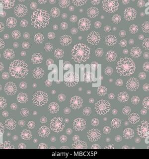 Doodle seamless pattern with pink flowers, isolated on grey background - hand drawn vector Stock Vector