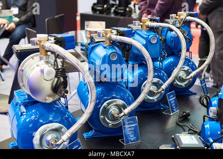 Surface pumps for water supply on the counter of household goods store Stock Photo