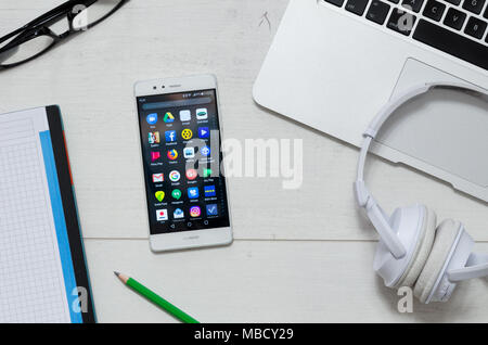 WROCLAW, POLAND - MARCH 29, 2018 Multiple Android applications menu. Android 7.0 on Huawei P9 device on desk concept Stock Photo