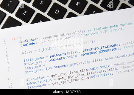 Web developer programming code. Programming, PHP printed code. Computer www script. Stock Photo