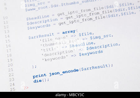 Web developer programming code. Programming, PHP printed code. Computer www script. Stock Photo