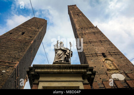 Looking up at the two towers of Bologna in northern Italy Stock Photo