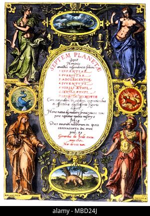 Personification of the four temperaments: Sanguine, Choleric, Melancholic, Phlegmatic.Titlepage of 'Septem Planetae' (The Seven Planets) by Gerard de Jode. 1581 Stock Photo
