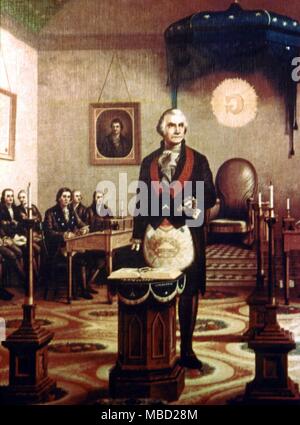 Portrait of the President of the United States, George Washington, wearing the Masonic apron. In the Masonic Temple in Washington DC. Stock Photo